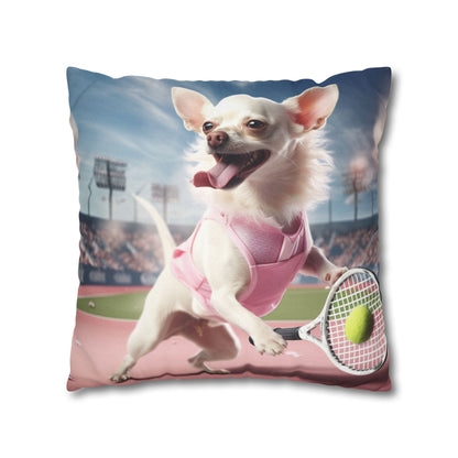 Chihuahua Tennis Ace: Dog Pink Outfit, Court Atheletic Sport Game - Spun Polyester Square Pillow Case