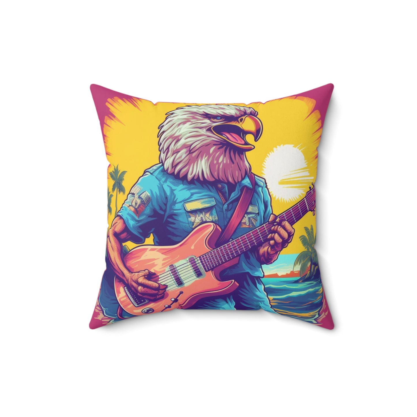 American Rock Star: Bald Eagle with Guitar Graphic Spun Polyester Square Pillow