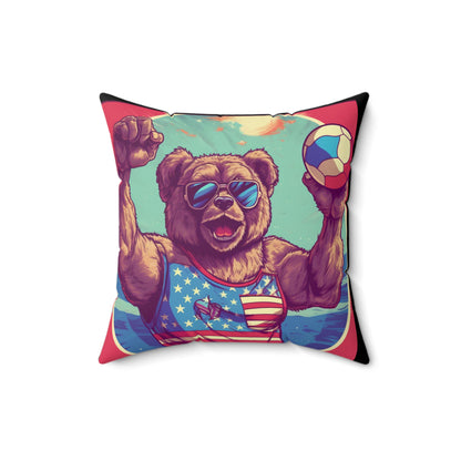 Volleyball Court Patriotism: 4th of July American Bear Athletic Spun Polyester Square Pillow