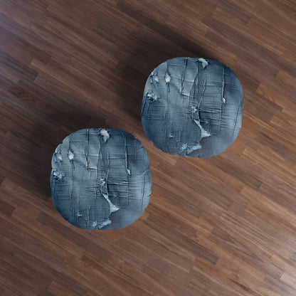 Distressed Blue Denim-Look: Edgy, Torn Fabric Design - Tufted Floor Pillow, Round