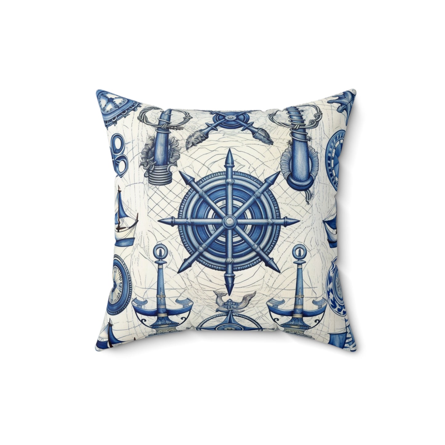 Nautical Theme Art - Anchors, Ropes, Compass Spun Polyester Square Pillow