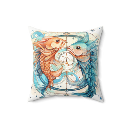 Pisces Zodiac Horoscope - Starry Watercolor & Ink, Hyper-Detailed Fish Spun Polyester Square Pillow