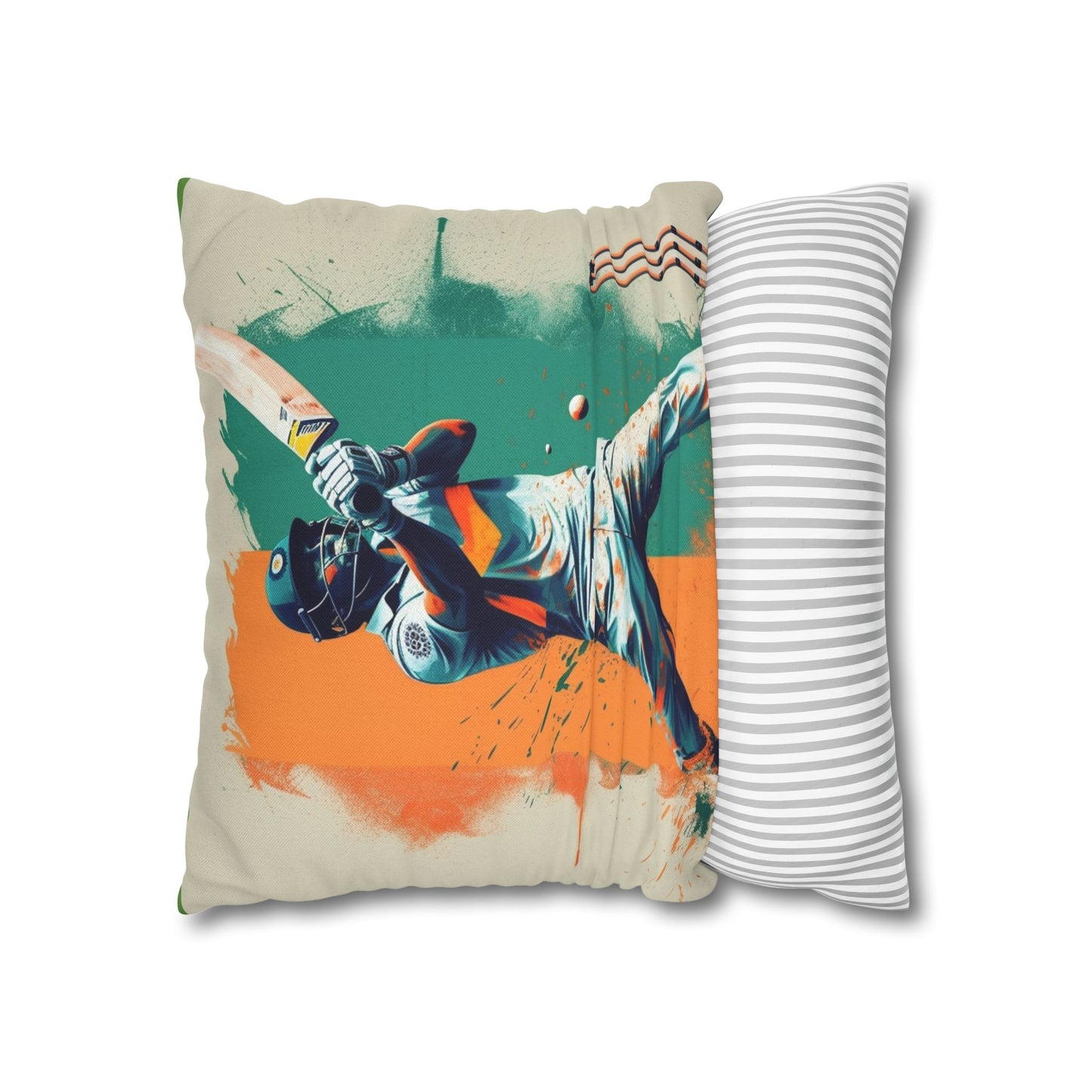 Cricket Batsman, Ball Strike, Indian Flag Color Background - Street Style - Spun Polyester Square Pillow Case