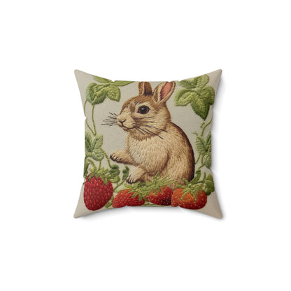 Strawberry Bunny Rabit - Embroidery Style - Strawberries Fruit Munchies - Easter Gift - Spun Polyester Square Pillow