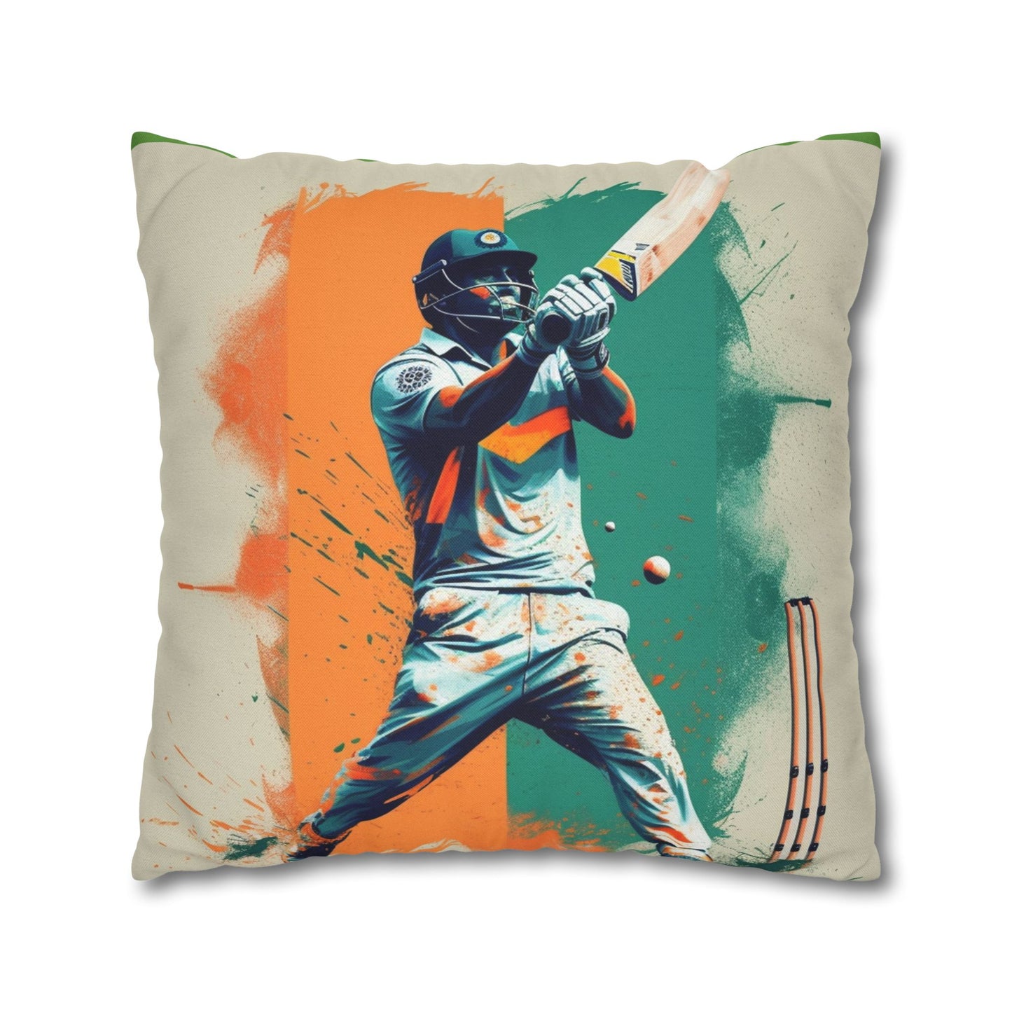 Cricket Batsman, Ball Strike, Indian Flag Color Background - Street Style - Spun Polyester Square Pillow Case