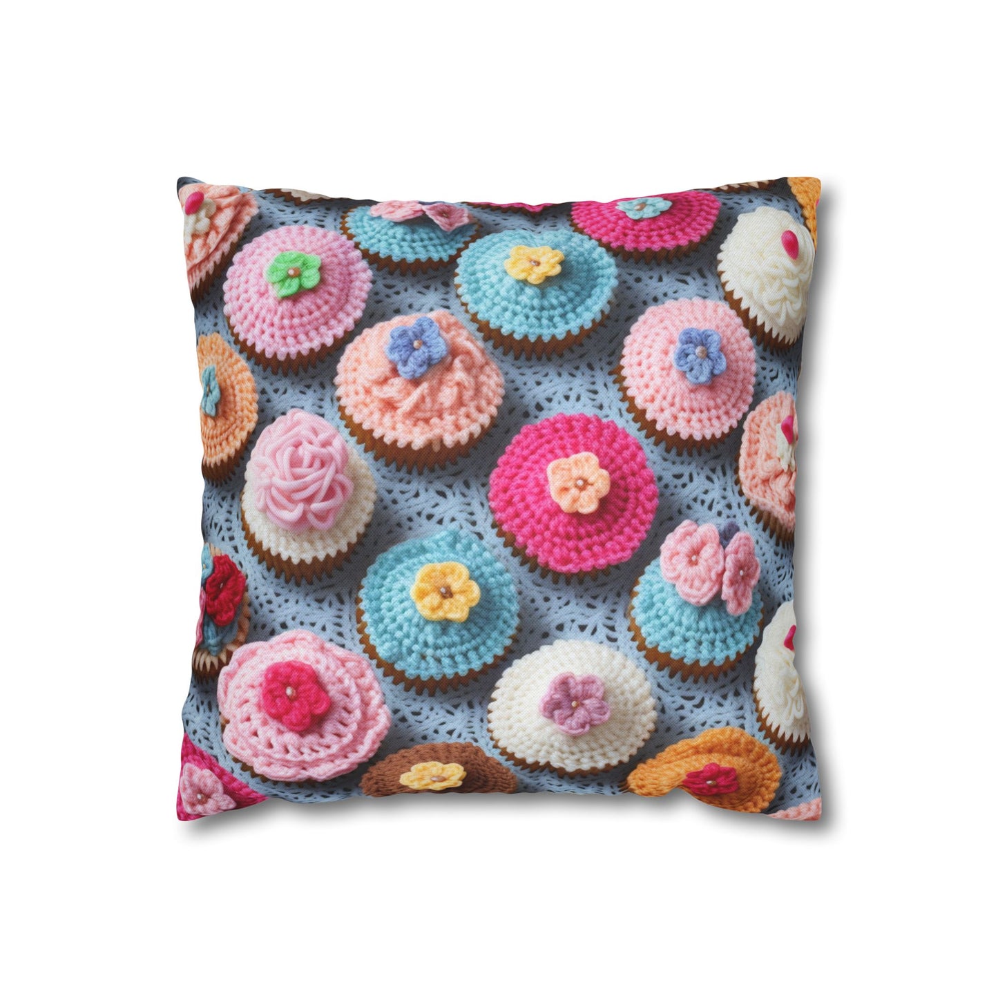 Crochet Cupcake Treat Frosted Cake Dessert Bakery Design - Spun Polyester Square Pillow Case