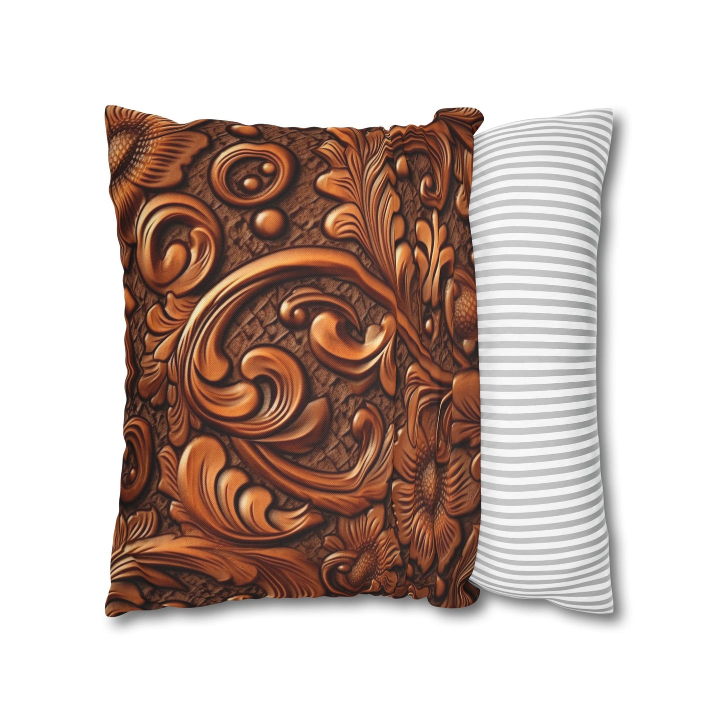 Leather Flower Cognac Classic Brown Timeless American Cowboy Design - Spun Polyester Square Pillow Case