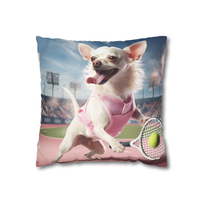 Chihuahua Tennis Ace: Dog Pink Outfit, Court Atheletic Sport Game - Spun Polyester Square Pillow Case