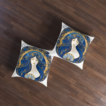 Virgo Zodiac Circular Symmetry in Gold Royal Blue - Tufted Floor Pillow, Square