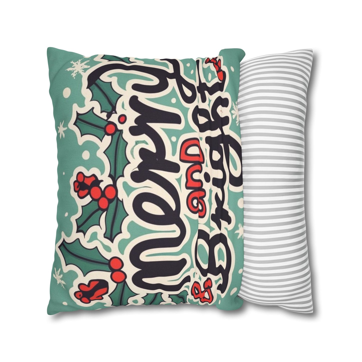 Merry and Bright Christmas Theme Holiday - Spun Polyester Square Pillow Case