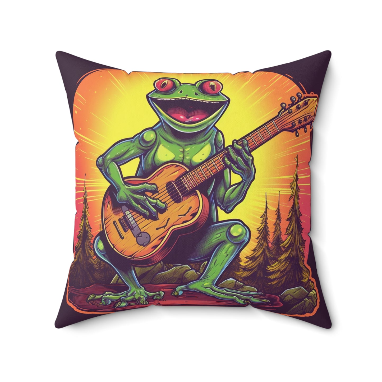 Classic Frog ontop a log Style Guitar Playing Musician Spun Polyester Square Pillow