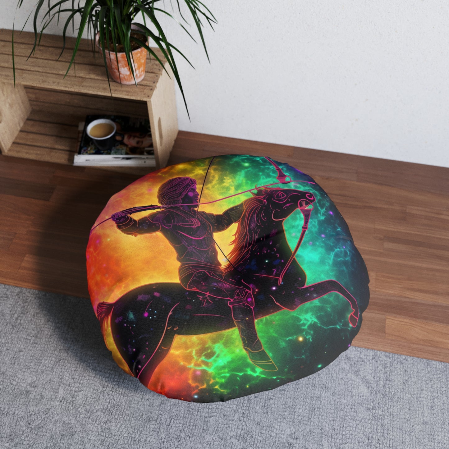 Colorful Sagittarius Zodiac Sign - Star Universe Theme - Tufted Floor Pillow, Round