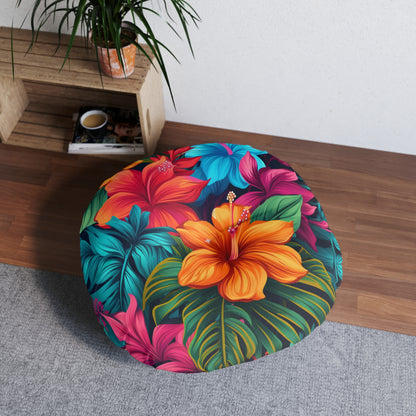 Hawaiian-Inspired Tropical Floral Pattern Design Tufted Floor Pillow, Round