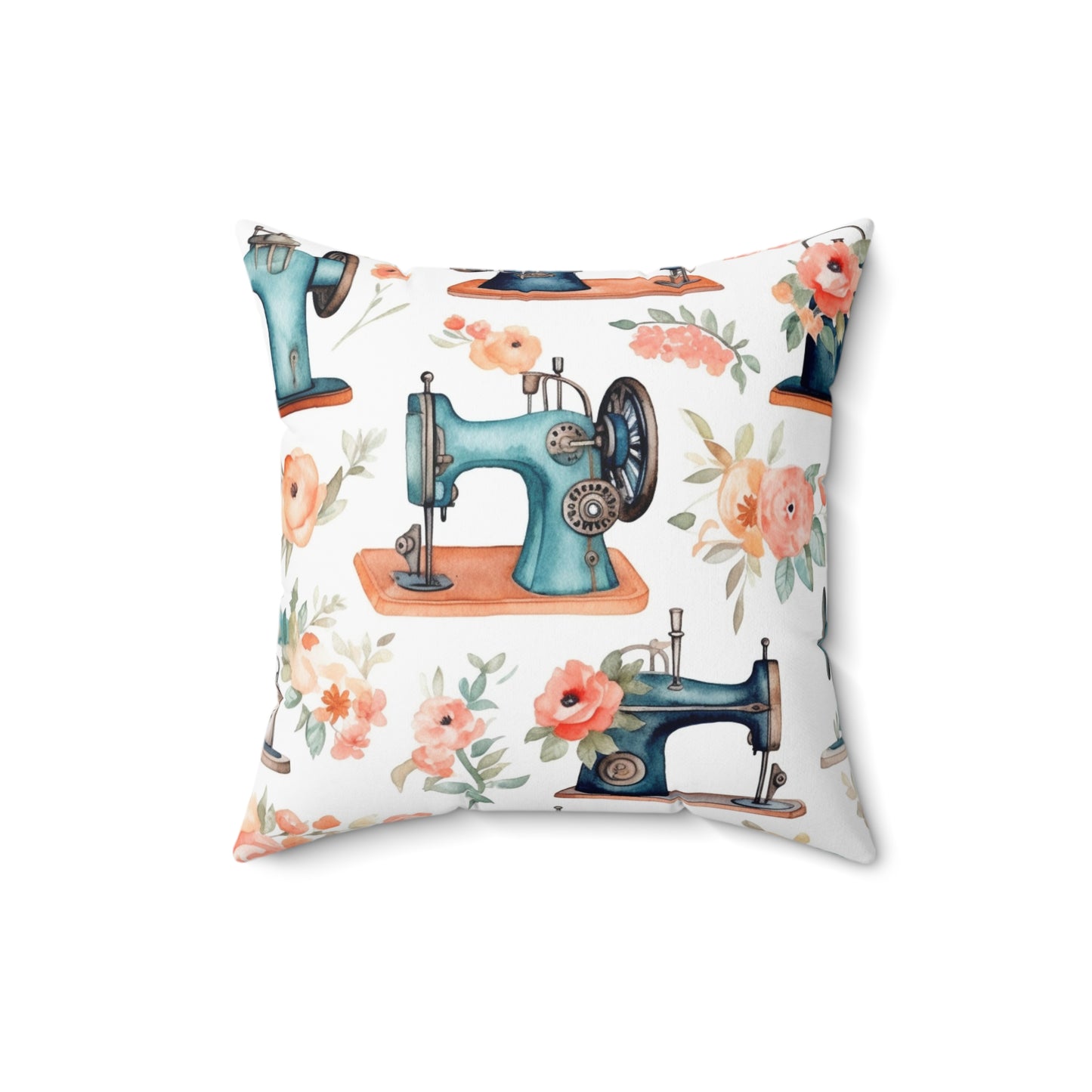 Watercolor Sewing Machines & Floral Bouquets: Antique Feminine Minimalist Styling - Spun Polyester Square Pillow