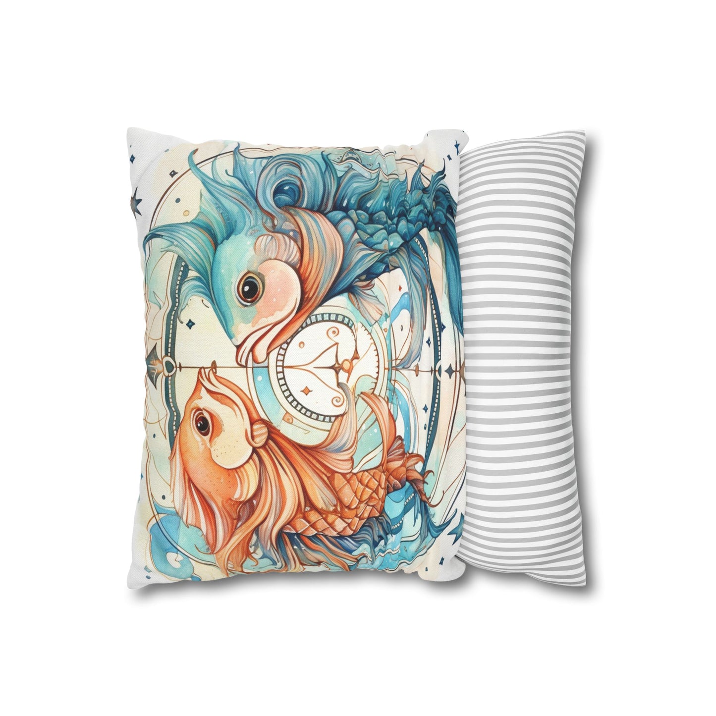 Pisces Zodiac Horoscope - Starry Watercolor & Ink, Hyper-Detailed Fish Spun Polyester Square Pillow Case