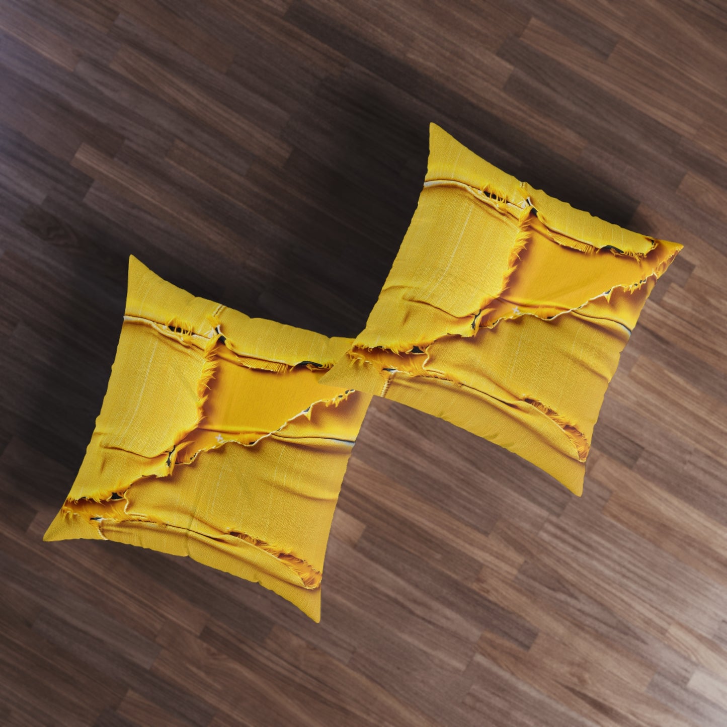 Banana Yellow Lemon: Bold Distressed, Denim-Inspired Fabric - Tufted Floor Pillow, Square