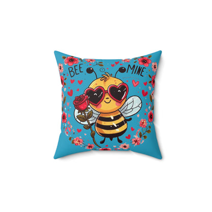 Whimsical Bee Love: Heartfelt Valentines Design with Floral Accents and Heart Sunglasses - Romantic - Spun Polyester Square Pillow