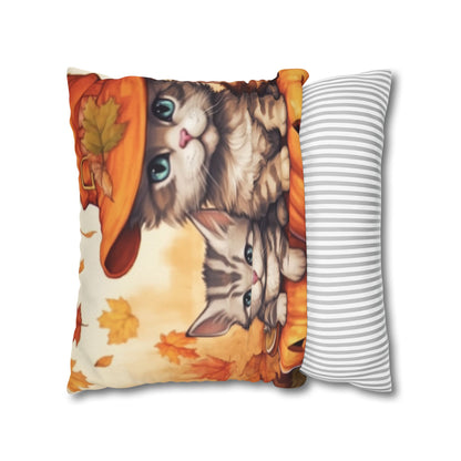 Kitty Cat Kittens Halloween - Cute Furries on Pumpkin - Festive Feline Decor - Spun Polyester Square Pillow Case