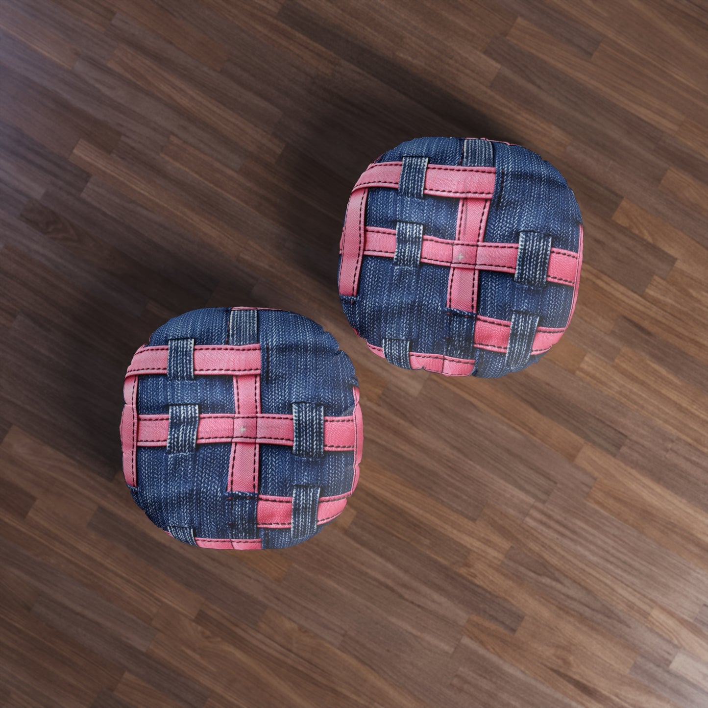 Candy-Striped Crossover: Pink Denim Ribbons Dancing on Blue Stage - Tufted Floor Pillow, Round