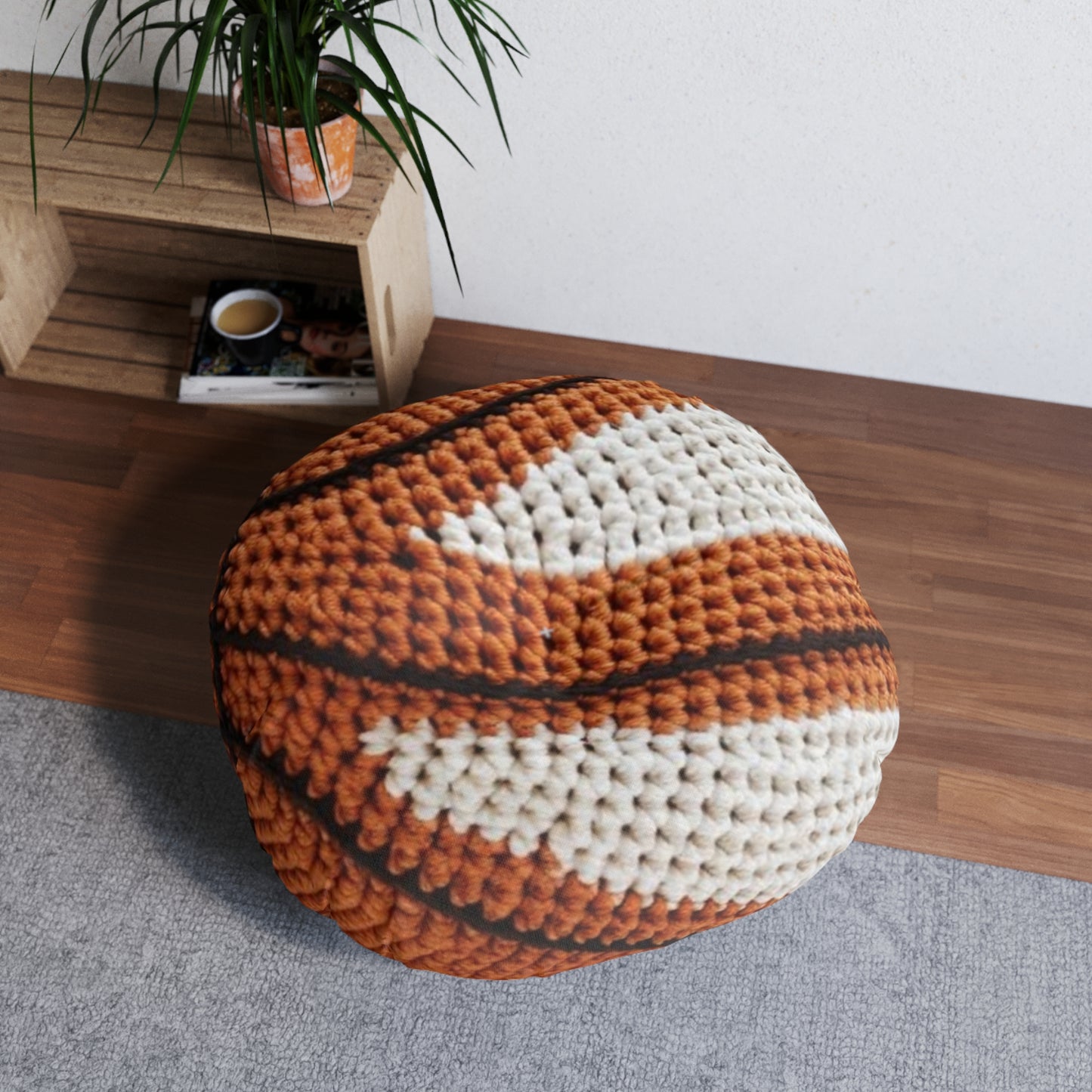 Home Basketball Shaped Hooked Pillow - Assembled and Shipped From USA - Tufted Floor Pillow, Round