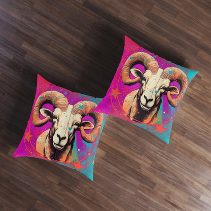 Pop Art Aries Constellation - Vibrant Zodiac Ram Symbol - Tufted Floor Pillow, Square