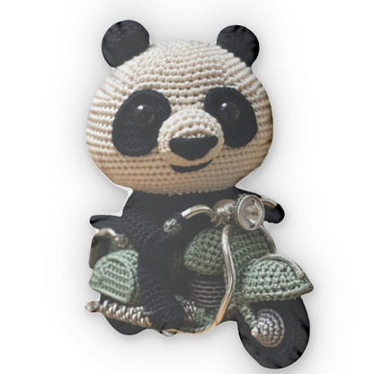 Giant Panda Riding Motorcycle, Shaped Pillow, Crochet Plush Gift