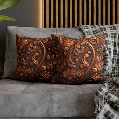 Leather Flower Cognac Classic Brown Timeless American Cowboy Design - Spun Polyester Square Pillow Case