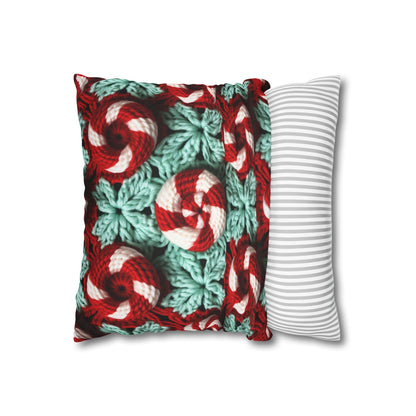 Christmas Crochet Candy Cane - Pepper Red Crystal White Holiday Pattern - Spun Polyester Square Pillow Case