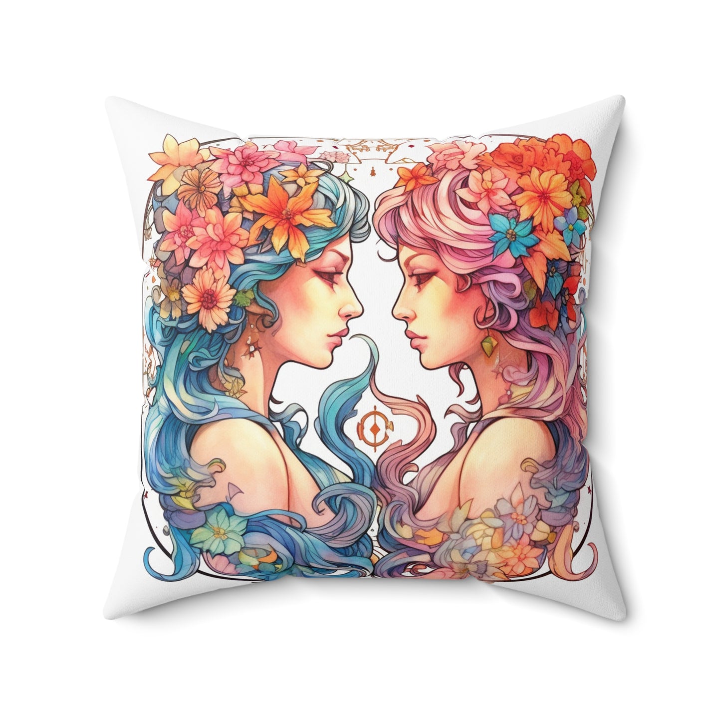 Zodiac Gemini Clipart - Twins Symbol, Whimsical Comic Style - Spun Polyester Square Pillow