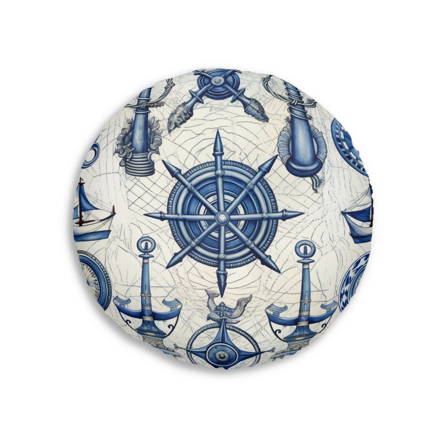 Nautical Theme Art - Anchors, Ropes, Compass Floor Pillow, Round