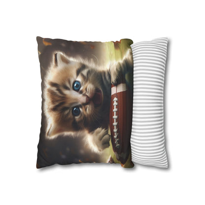 Football Kitten Touchdown: Tabby's Winning Play Sport Game - Spun Polyester Square Pillow Case