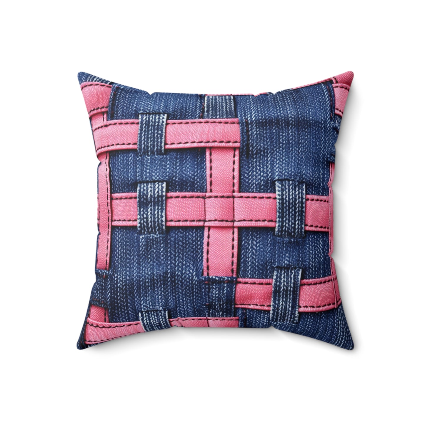 Candy-Striped Crossover: Pink Denim Ribbons Dancing on Blue Stage - Spun Polyester Square Pillow