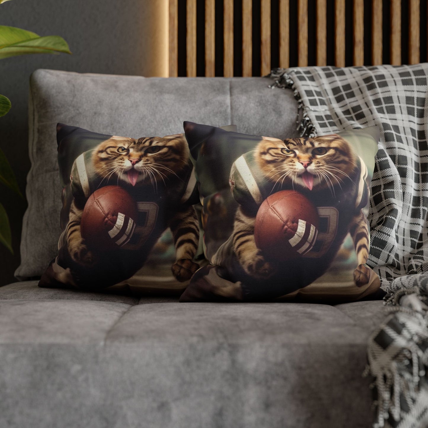 Football Field Felines: Kitty Cats in Sport Tackling Scoring Game Position - Spun Polyester Square Pillow Case