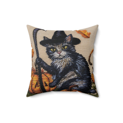 Halloween Cat Magic: Embroidered Style Feline with Pumpkins & Witch Hat - Spun Polyester Square Pillow