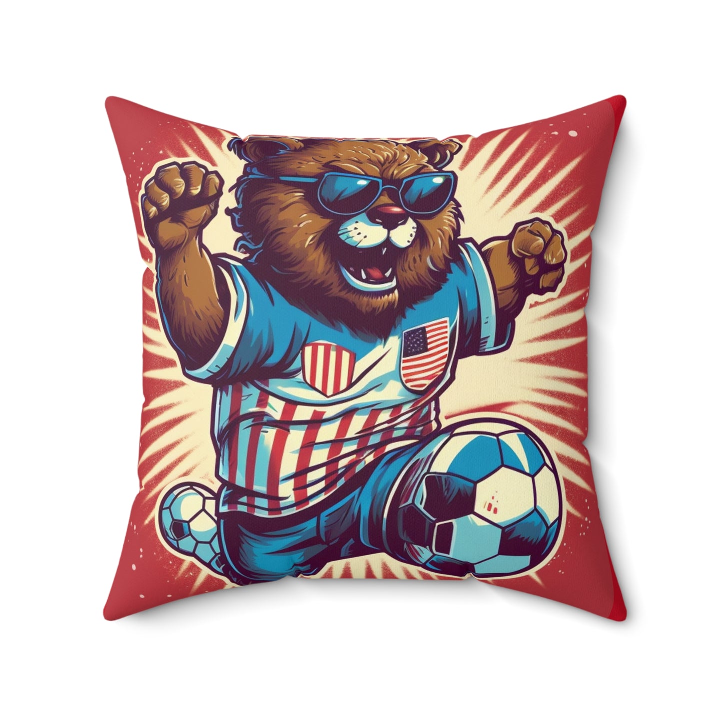 Soccer Stars and Stripes: Patriotism Patriotic Bear Playing Ball Spun Polyester Square Pillow