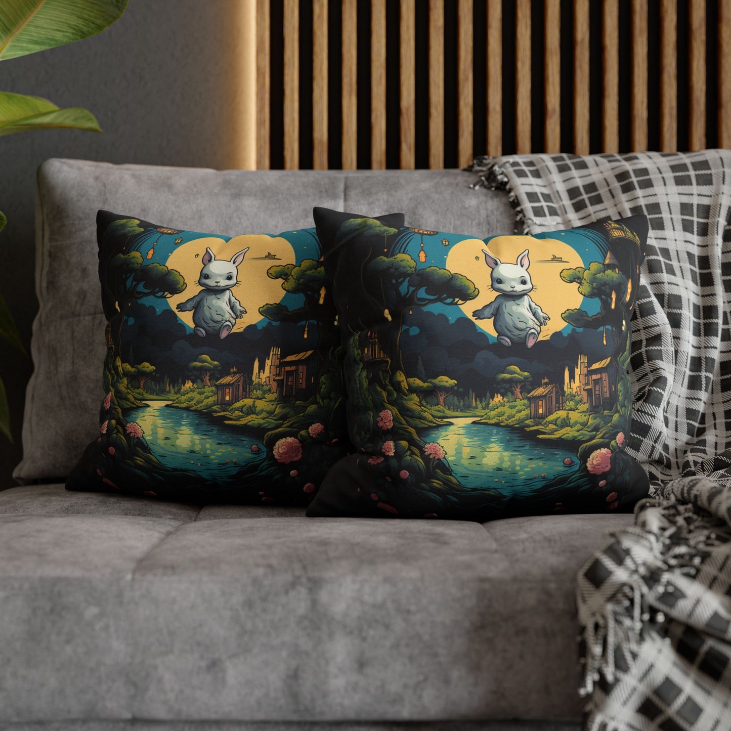 White Rabbit Mystery Psychedelic Fantasy Anime Cartoon Bunny - Spun Polyester Square Pillow Case