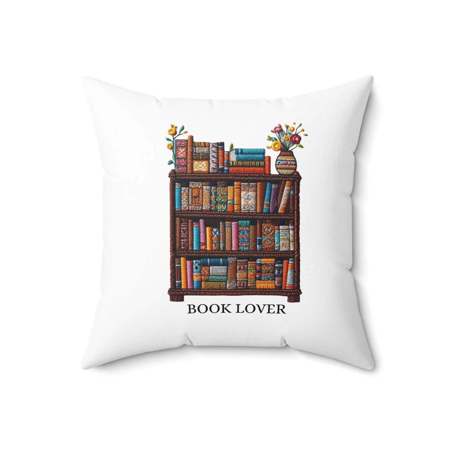 Crafted Book Lover Embroidery: Artisanal Bookshelf Design for Bibliophiles - Spun Polyester Square Pillow