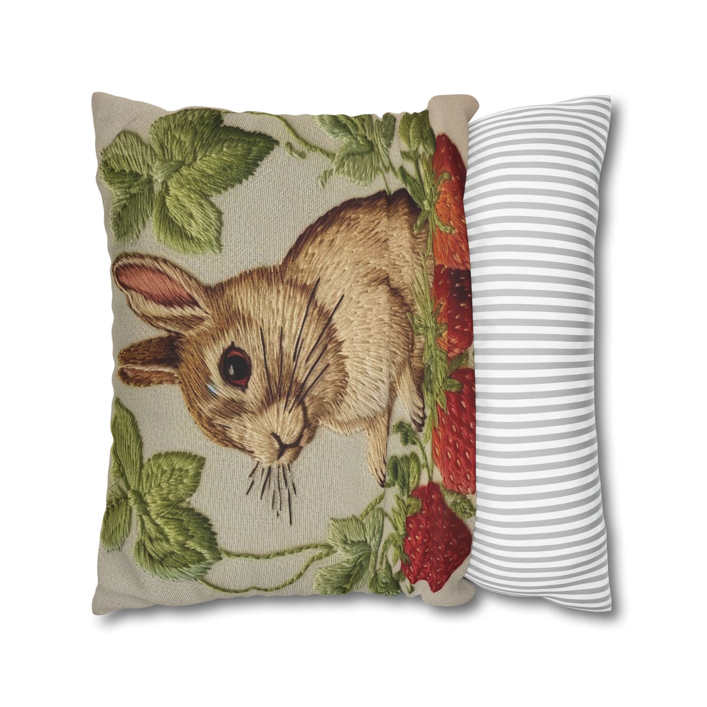 Strawberry Bunny Rabit - Embroidery Style - Strawberries Fruit Munchies - Easter Gift - Spun Polyester Square Pillow Case