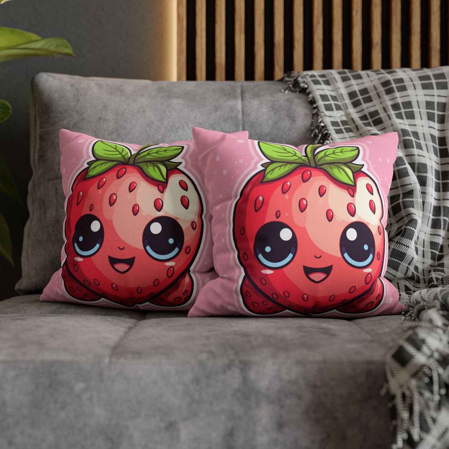 Kawaii Strawberry Adventure - Anime Classic Traditional Japanese Fruit - Otaku Artwork - Spun Polyester Square Pillow Case