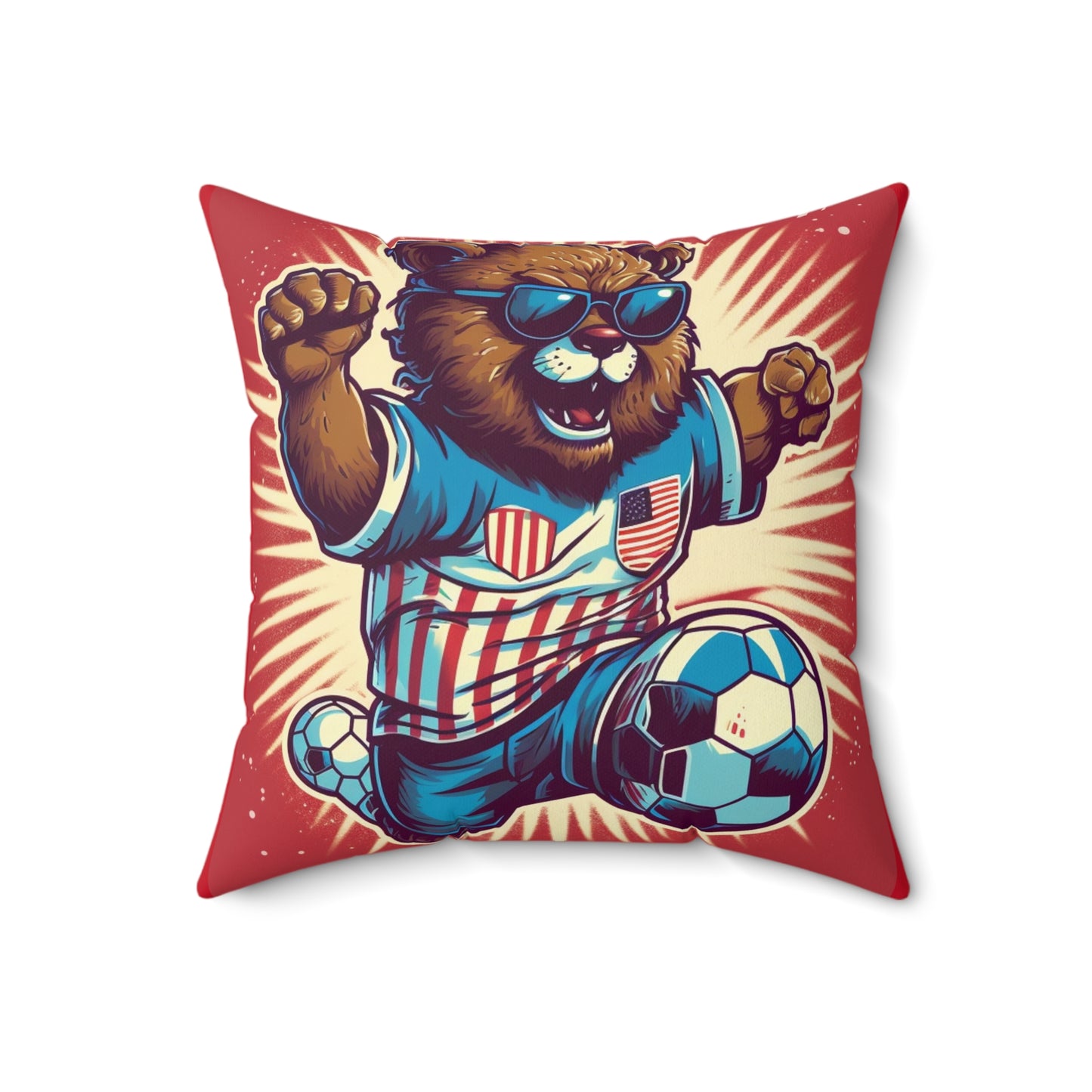 Soccer Stars and Stripes: Patriotism Patriotic Bear Playing Ball Spun Polyester Square Pillow