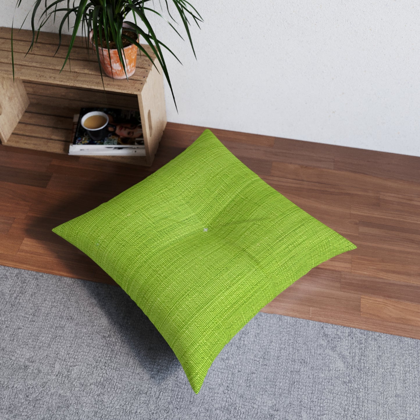 Lush Grass Neon Green: Denim-Inspired, Springtime Fabric Style - Tufted Floor Pillow, Square