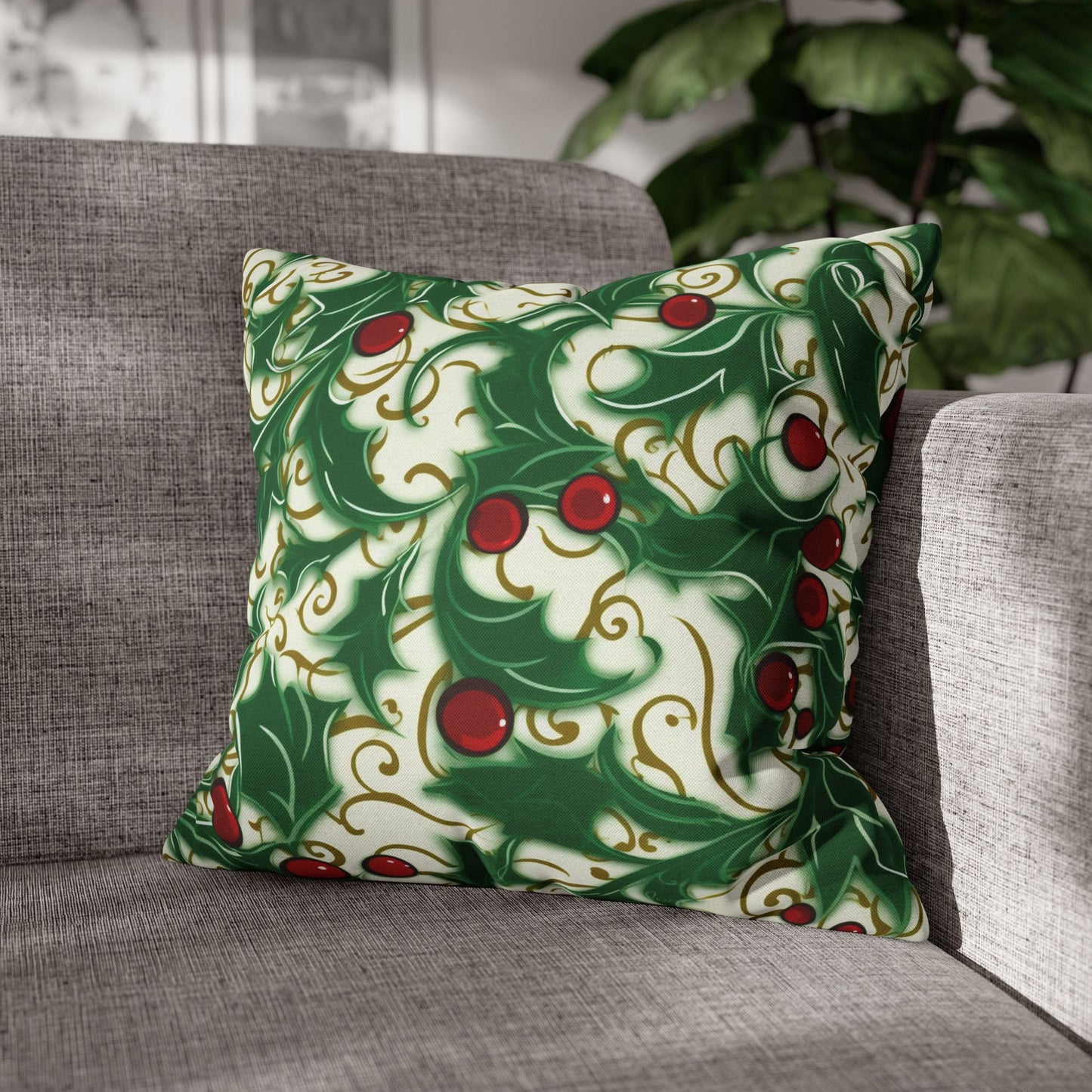 Holiday Elegance: Christmas Holly Swirls Design - Spun Polyester Square Pillow Case