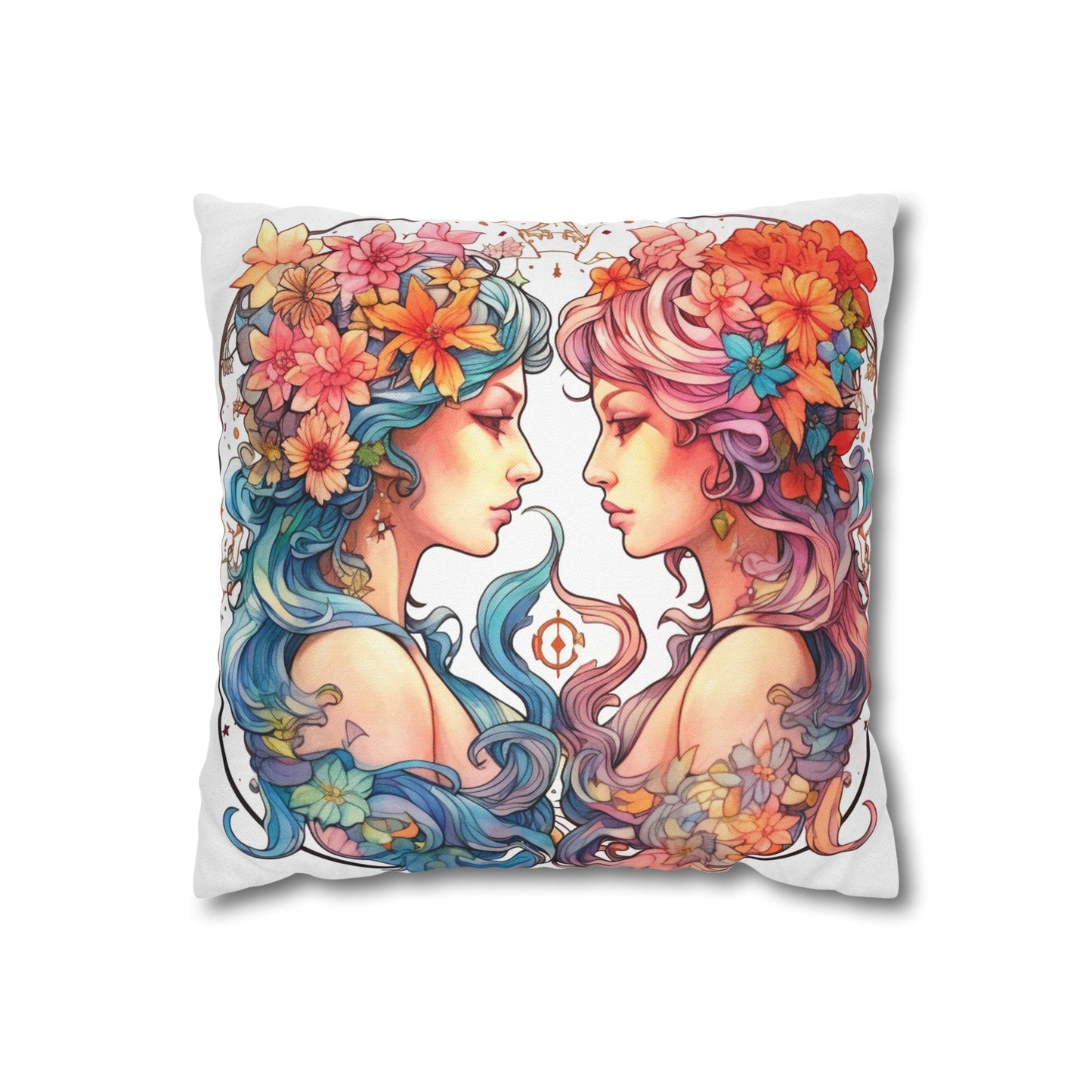 Zodiac Gemini Clipart - Twins Symbol, Whimsical Comic Style - Spun Polyester Square Pillow Case