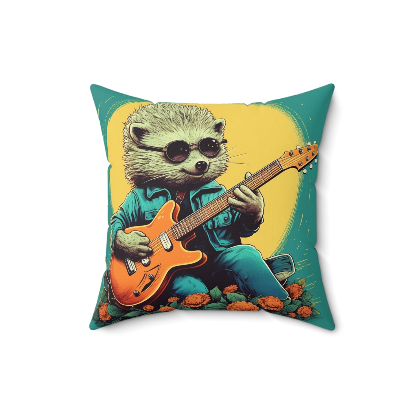 Hedgehog Rock Star Classic Animal Guitarist Graphic Spun Polyester Square Pillow