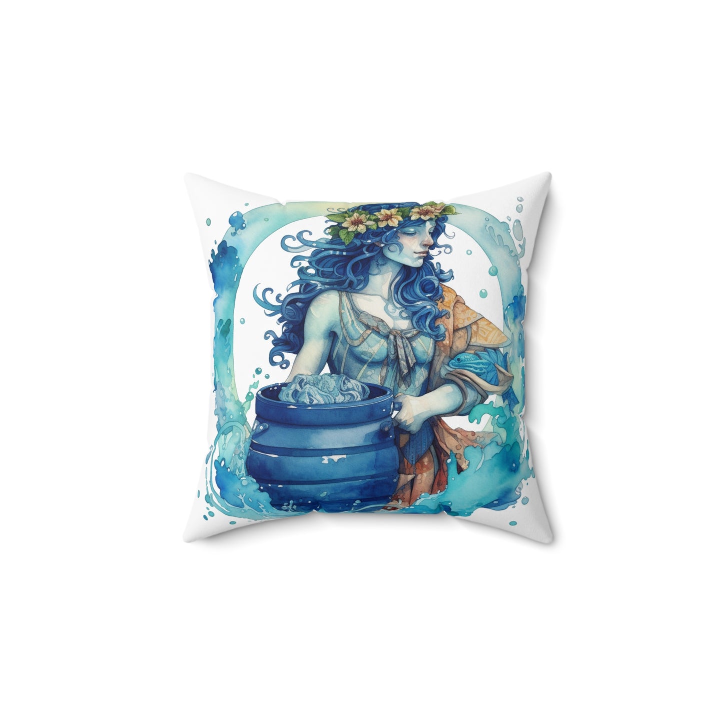 Artistic Aquarius Zodiac - Watercolor Water-Bearer Depiction - Spun Polyester Square Pillow