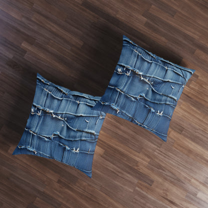 Midnight Blue Distressed Denim: Rugged, Torn & Stylish Design - Tufted Floor Pillow, Square