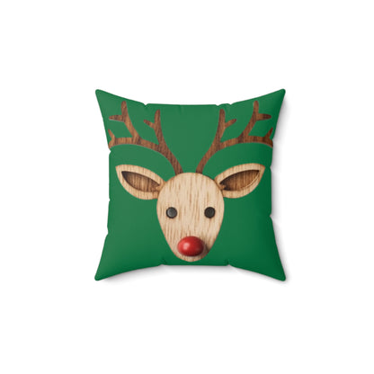 Red Reindeer Nose Christmas Classic Winter Season - Green - Spun Polyester Square Pillow