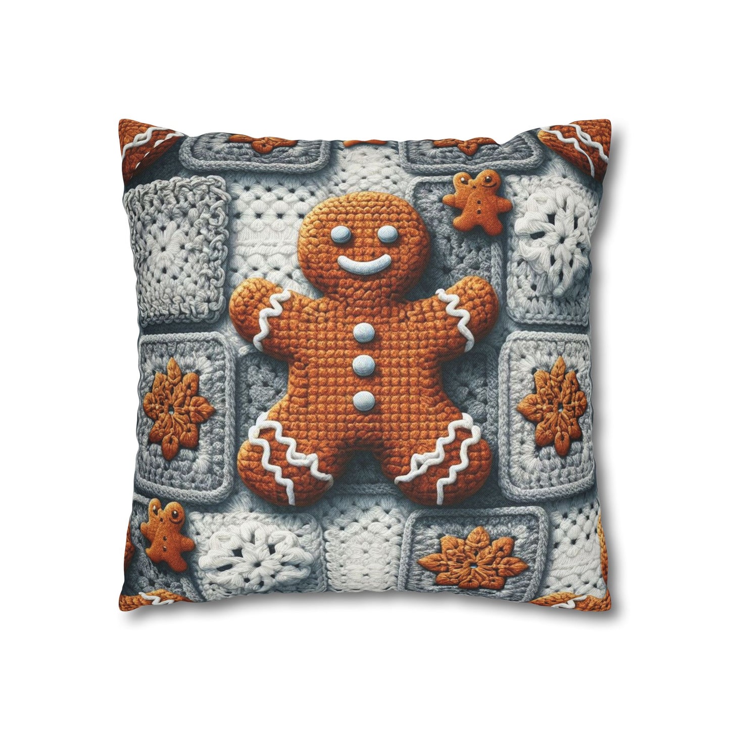 Festive Gingerbread Charm: Christmas Crochet Amigurumi with Granny Squares and Snowflake Accents - Spun Polyester Square Pillow Case