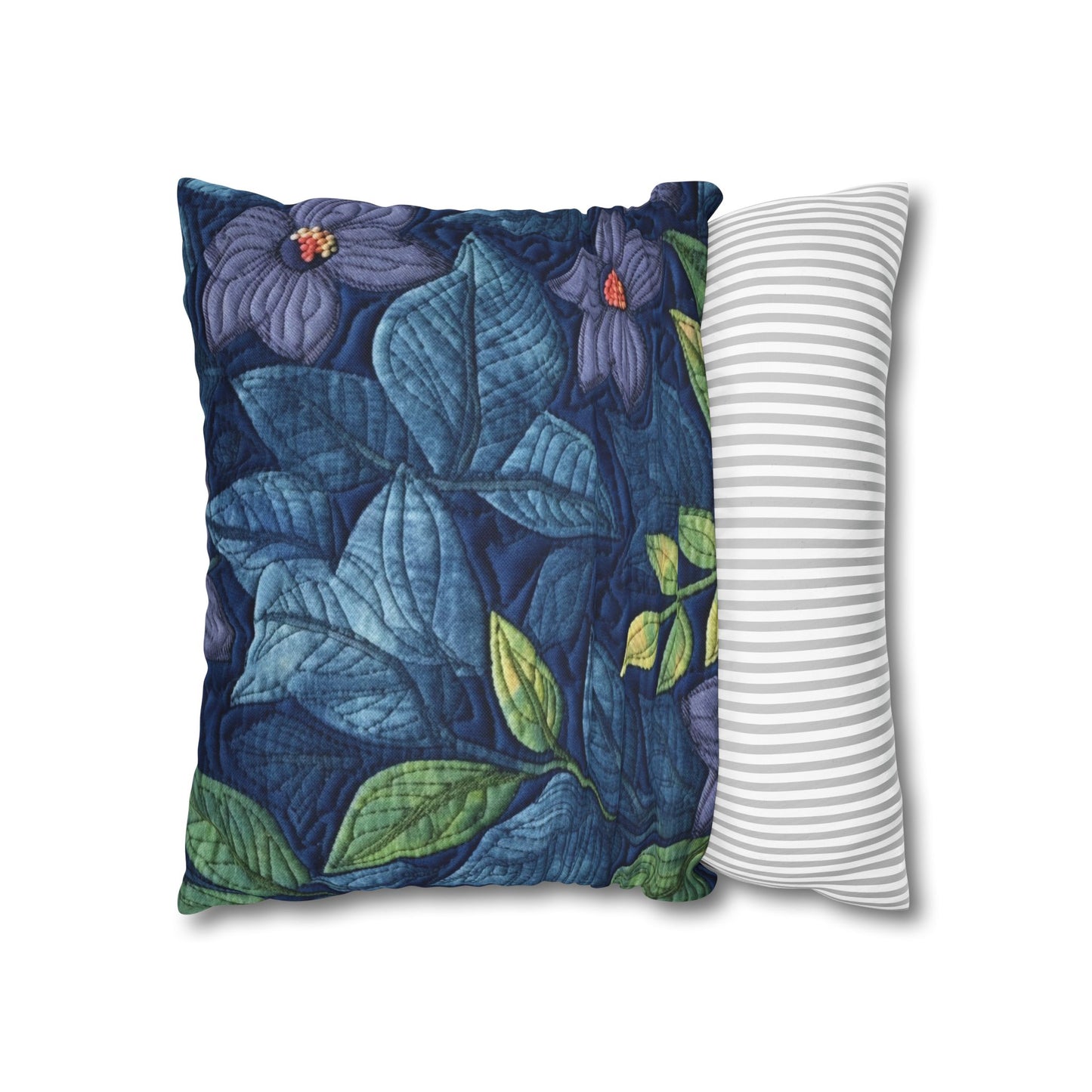 Floral Embroidery Blue: Denim-Inspired, Artisan-Crafted Flower Design - Spun Polyester Square Pillow Case