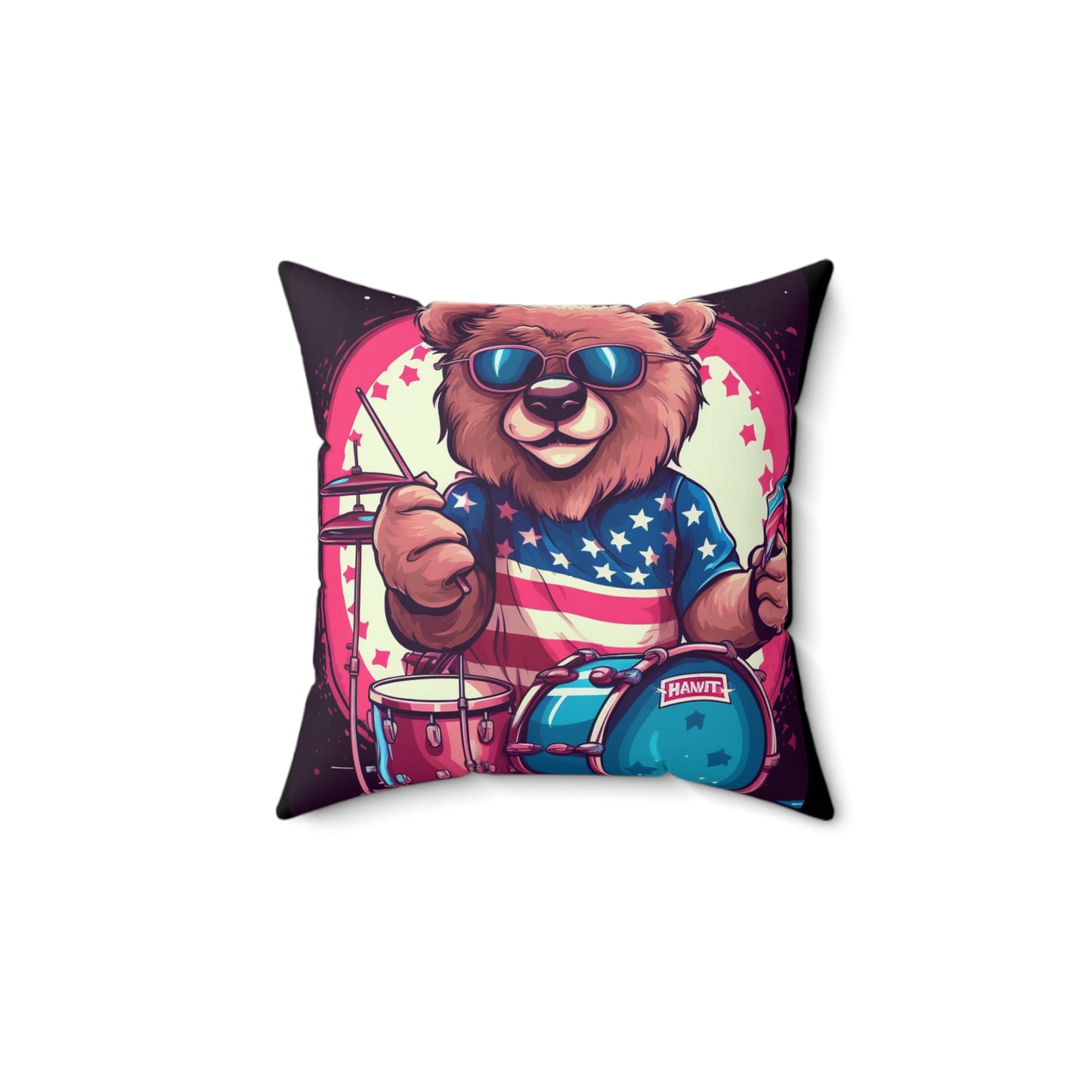 Drumroll for Freedom: Celebrate 4th of July with the Patriotic Bear's Rhythms Spun Polyester Square Pillow